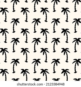 Palm tree seamless repeat pattern. Hand drawn, vector arecaceae perennial flowering plants all over print on beige white background.