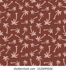 Palm tree seamless repeat pattern. Random placed, vector tropical botany all over print on brown background.
