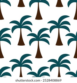 Palm tree. Seamless vector pattern. Isolated colorless background. Flat style. Repeating ornament of evergreen tropical trees. Exotic plant with large green leaves and mighty trunk. 