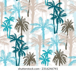 Palm tree seamless vector tropical pattern. Exotic summer print in blue and brown. Vector illustration.