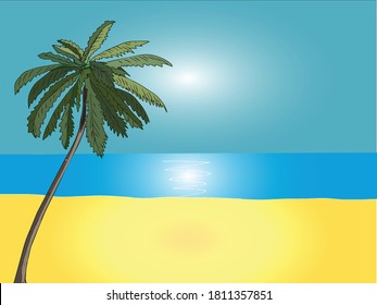 Palm tree and seashore background in vector. Sunny beach, blue ocean and palm tree to create a design on a holiday theme