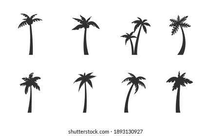 Palm tree set. 8 black palm tree icons isolated on white background. Palm tree silhouettes. Vector illustration