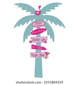 Palm tree setup board design with flamingo and boards for beach theme Indian wedding ceremony pool party and sangeet invite, cocktail party, mehendi event invite, haldi ceremony invitation engagement 