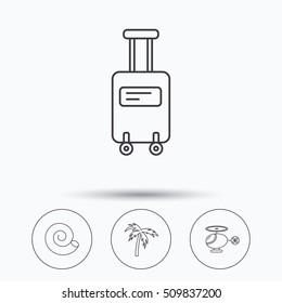 Palm tree, shell and helicopter icons. Suitcase on wheels linear sign. Linear icons in circle buttons. Flat web symbols. Vector