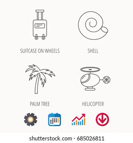 Palm tree, shell and helicopter icons. Suitcase on wheels linear sign. Calendar, Graph chart and Cogwheel signs. Download colored web icon. Vector