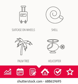 Palm tree, shell and helicopter icons. Suitcase on wheels linear sign. Edit document, Calendar and Graph chart signs. Star, Check and House web icons. Vector