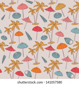 palm tree and shells on the beach. Vector illustration.