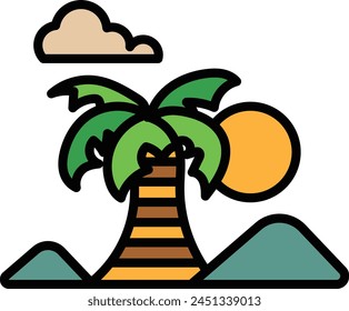 A palm tree is shown in the foreground. The tree is surrounded by a mountain range and the sky is cloudy. Scene is serene and peaceful, with the palm tree standing tall