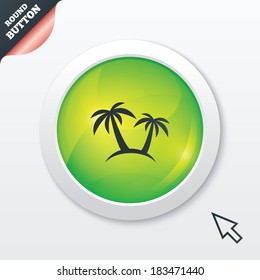 Palm Tree sign icon. Travel trip symbol. Green shiny button. Modern UI website button with mouse cursor pointer. Vector