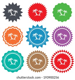 Palm Tree sign icon. Travel trip symbol. Stars stickers. Certificate emblem labels. Vector