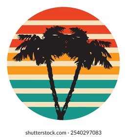 "Palm tree silhouette against a retro striped vintage background, featuring warm sunset hues of orange, yellow, and pink, evoking a nostalgic, tropical beach vibe."