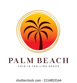 Palm tree silhouette against a sun with red and orange gradient with golden rings around Vector Logo