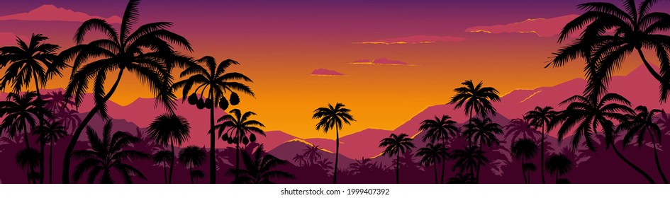 Palm tree silhouette background. California sunset landscape with exotic plants on horizon. Tropical forest and mountains. Scenic night sky. Nature panorama. Vector hot coast wallpaper