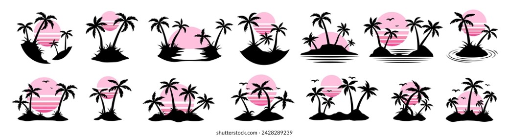 Palm tree silhouette. Exotic sunset. Tropical landscape. Island set
