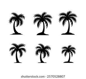 A palm tree silhouette features the distinct outline of a palm tree against a contrasting background, typically seen in sunset, sunrise, or tropical settings.