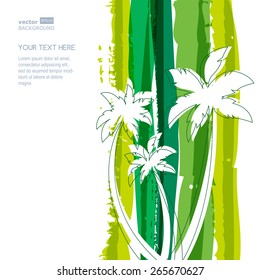 Palm tree silhouette and green stripes watercolor background with place for text. Concept for travel agency, tropical resort, beach hotel, spa. Vector summer background.


