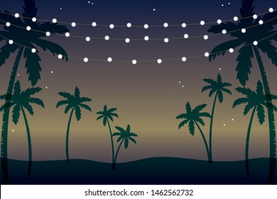 Palm tree silhouette and hanging garland light illustration