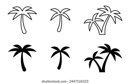 Conjunto de iconos de silueta de palmera. Ilustración aislada de planta de hoja tropical. Tronco negro exótico.