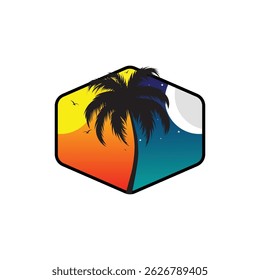Palm tree silhouette icon. Simple flat vector illustration. Vector illustration design Palm Tree and island at sunset
