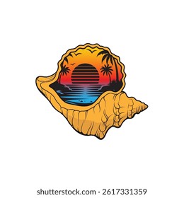 Palm tree silhouette Inside the shell icon. Simple flat vector illustration. Vector illustration design Palm Tree and island at sunset
