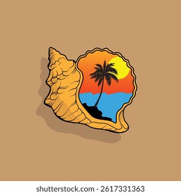 Palm tree silhouette Inside the shell icon. Simple flat vector illustration. Vector illustration design Palm Tree and island at sunset
