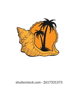 Palm tree silhouette Inside the shell icon. Simple flat vector illustration. Vector illustration design Palm Tree and island at sunset
