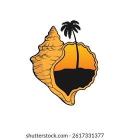 Palm tree silhouette Inside the shell icon. Simple flat vector illustration. Vector illustration design Palm Tree and island at sunset
