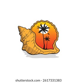Palm tree silhouette Inside the shell icon. Simple flat vector illustration. Vector illustration design Palm Tree and island at sunset
