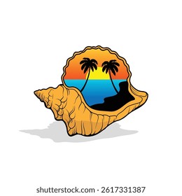Palm tree silhouette Inside the shell icon. Simple flat vector illustration. Vector illustration design Palm Tree and island at sunset

