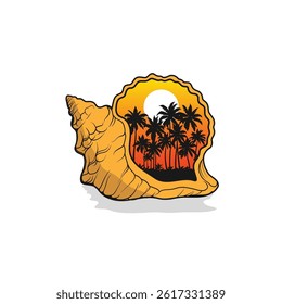Palm tree silhouette Inside the shell icon. Simple flat vector illustration. Vector illustration design Palm Tree and island at sunset
