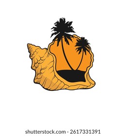 Palm tree silhouette Inside the shell icon. Simple flat vector illustration. Vector illustration design Palm Tree and island at sunset
