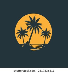 Palm tree silhouette Inside the shell icon. Simple flat vector illustration. Vector illustration design Palm Tree and island at sunset
