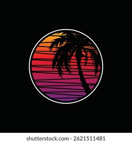 Palm tree silhouette Inside the shell icon. Simple flat vector illustration. Vector illustration design Palm Tree and island at sunset
