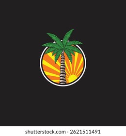 Palm tree silhouette Inside the shell icon. Simple flat vector illustration. Vector illustration design Palm Tree and island at sunset
