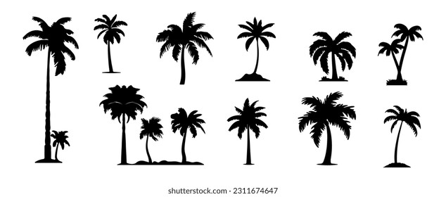 Palm tree silhouette isolated on white background. Summer vacation beach set elements design vector illustration