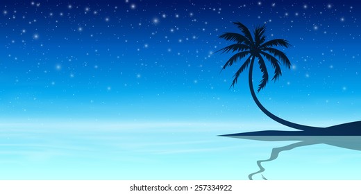 Palm Tree in Silhouette with Night Sky and Stars - Vector EPS 10