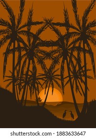 Palm tree silhouette on beach with crane and fishing boat icon design under sunset background (vector)
