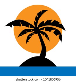 palm tree silhouette on island sun as background, vector illustration