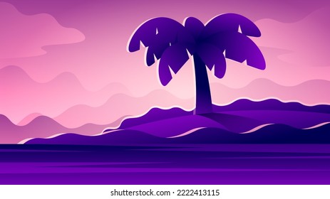 Palm tree silhouette on pink island sunset background.