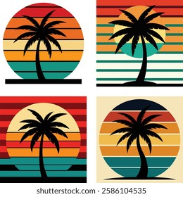 A palm tree silhouette on retro stripes with a sun background.