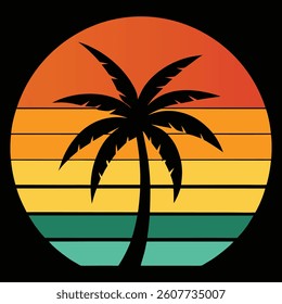 A palm tree silhouette on retro stripes with a sun black background