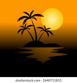 palm tree silhouette on sunset. Vibrant Orange Sunset over Tropical Island with Palm Trees and Water Reflection