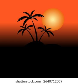 palm tree silhouette on sunset. Vibrant Orange Sunset over Tropical Island with Palm Trees and Water Reflection. palm trees on sunset