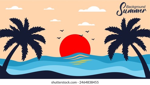 Palm tree silhouette sea view with sun background at dusk.