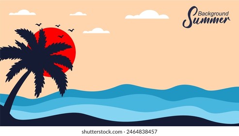 Palm tree silhouette sea view with sun background at dusk.