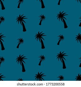 Palm tree. Silhouette. Seamless vector pattern. Outline on an isolated background color of the sea wave. Repeating ornament. Coconut. Tropical tree. Flat style. Pictogram. Palm. Idea for wallpaper.