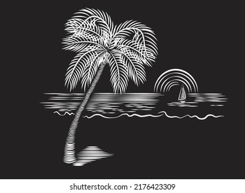 palm tree silhouette with seaside, chalk vacation, travel, summer. Vector isolated illustration on black background. Concept for logo, label, cards, print