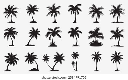 palm tree silhouette set, and a variety of palm tree illustrations in different poses and styles.black silhouette palm tree collection – 20 tropical tree designs	