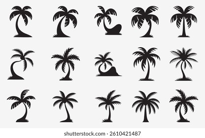 palm tree silhouette set, and a variety of palm tree illustrations in different poses and styles.black silhouette palm tree collection – 20 tropical tree designs	