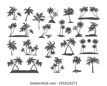 Palm tree silhouette set. Various black tropical trees on a white background. Vector illustration. For design of t-shirts, cards, invitations in retro style